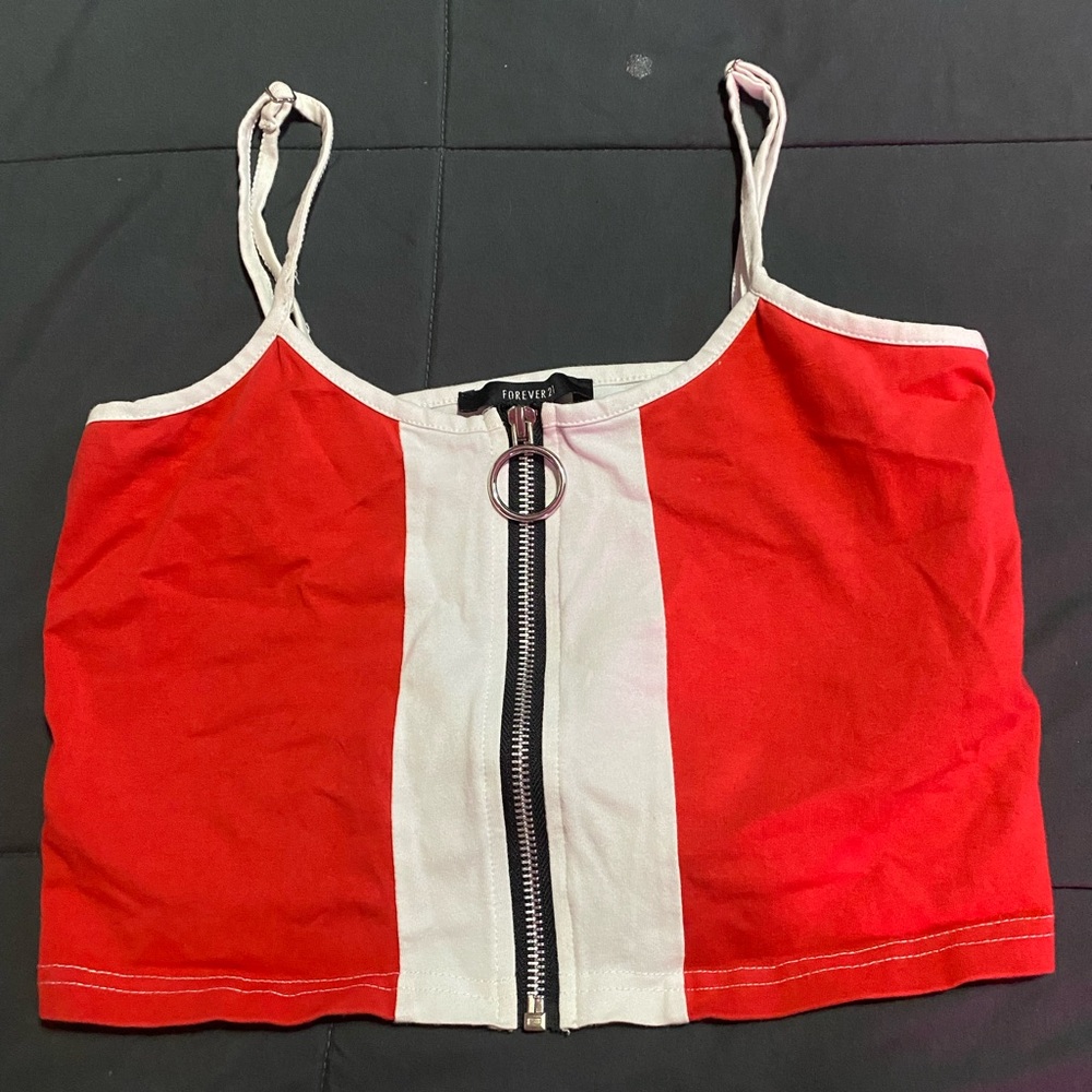 Forever 21 Red and White Zip-Up Crop Top